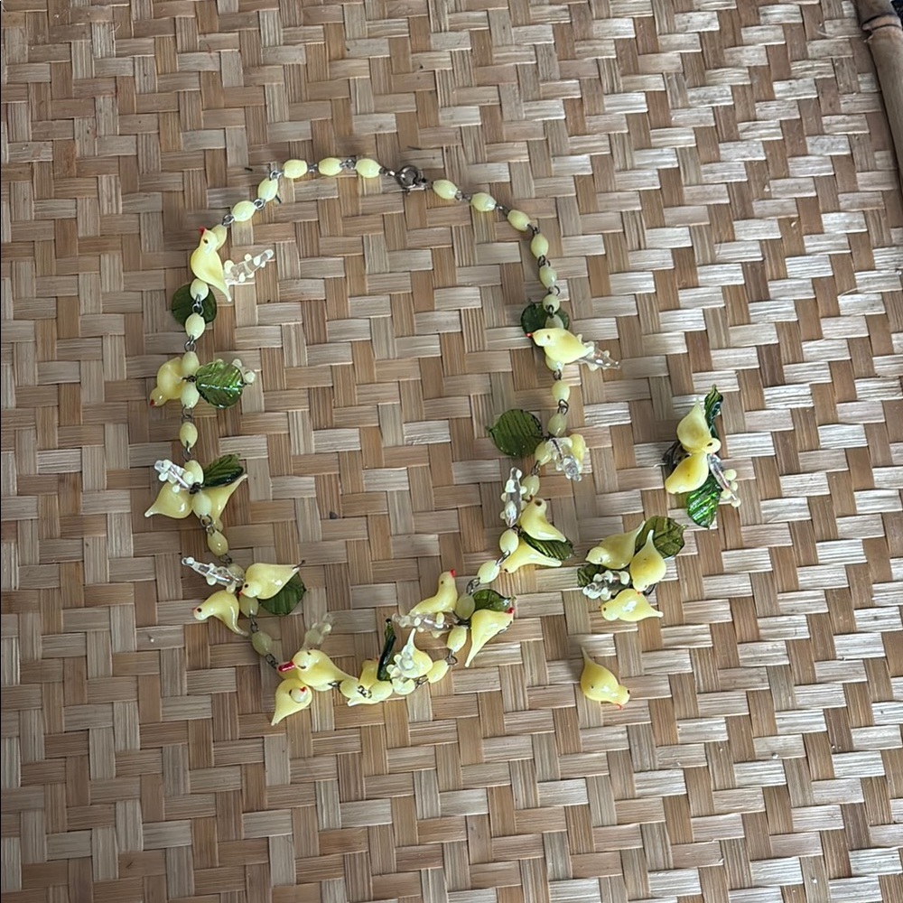 Vintage 1930s Venetian Murano Yellow Bird Green Leaf Necklace Clip Earrings Set